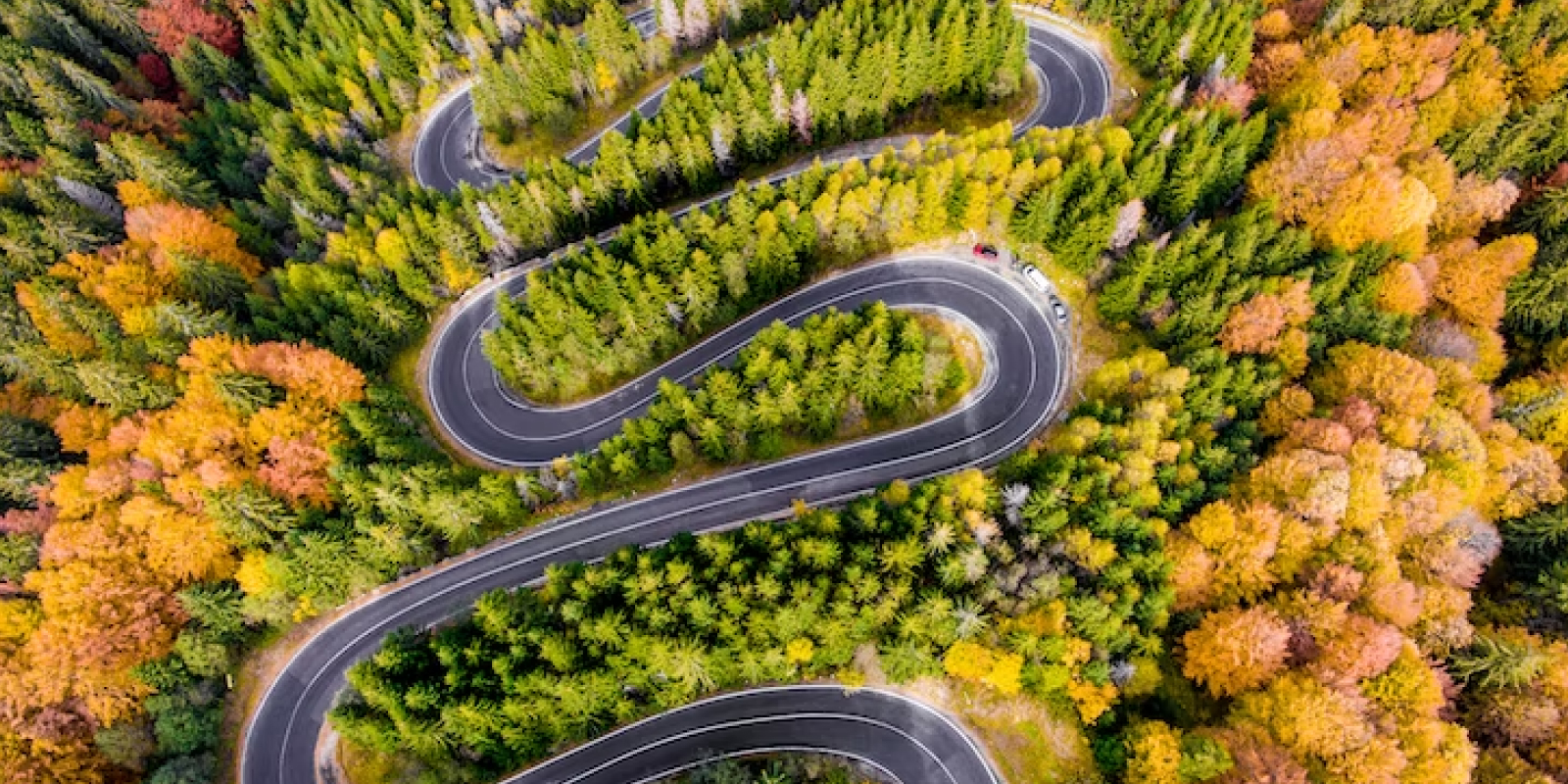 Aerial View of a Winding Road in the Mountains in Autumn